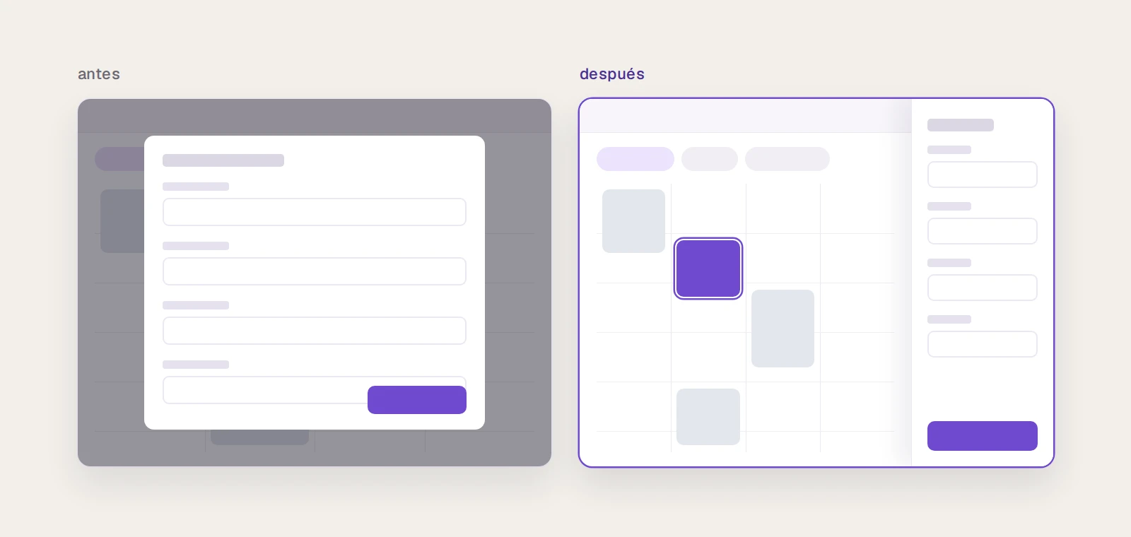 Dos rectángulos que comparan cuánto de la agenda queda a la vista con un modal y con un panel lateral.