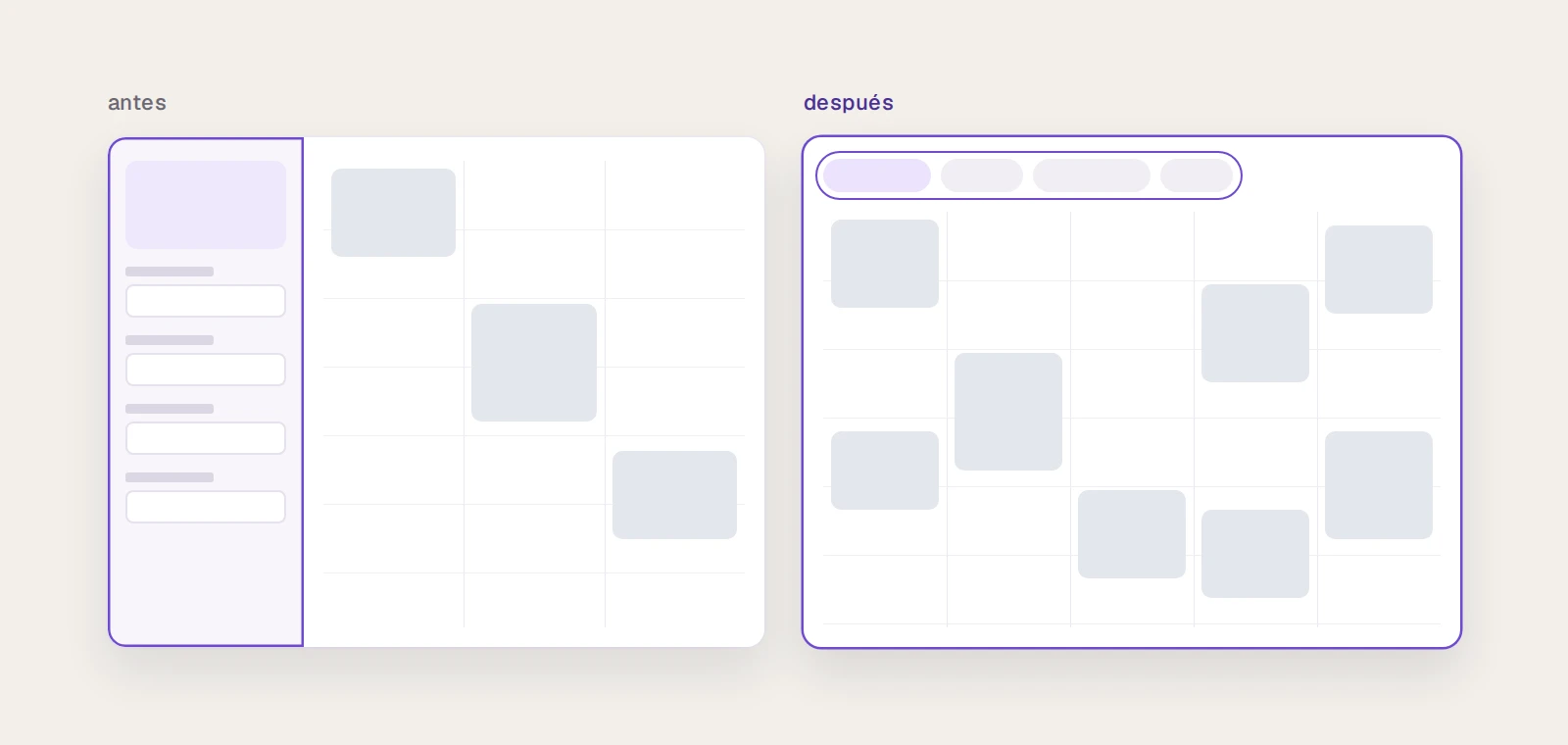 El espacio que gana la agenda al pasar de un sidebar a filtros en línea.