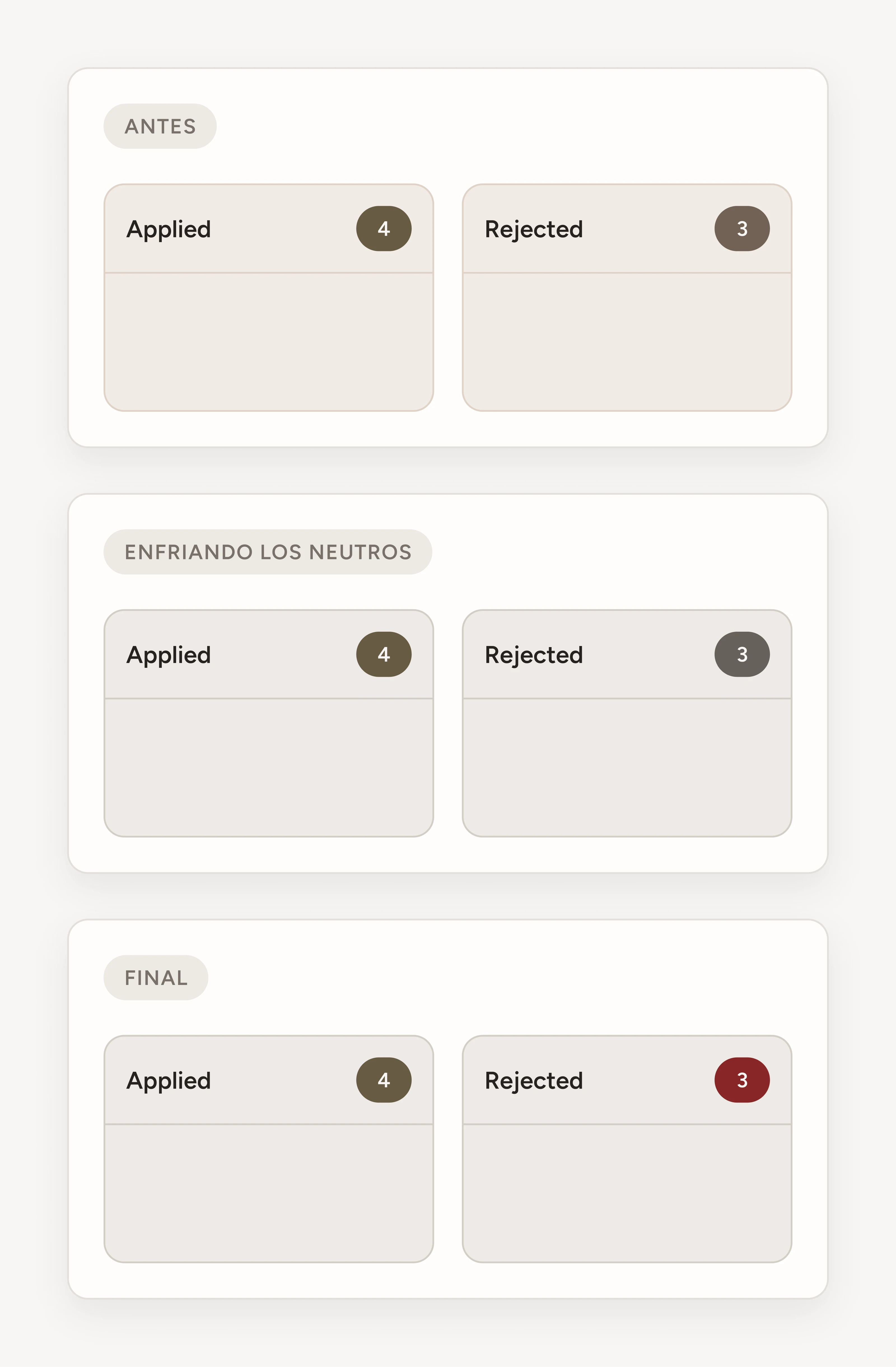 Comparación en tres pasos del mapeo de color de las etapas: el estado inicial, la versión con neutros más fríos y la versión final.